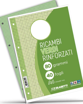 Immagine di Ricambi rinforzati A4 quadretti 5mm verde senza margine 40fg 80gr